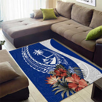 Blue Guam Hafa Adai Area Rug Tropical Flowers with Polynesian Pattern