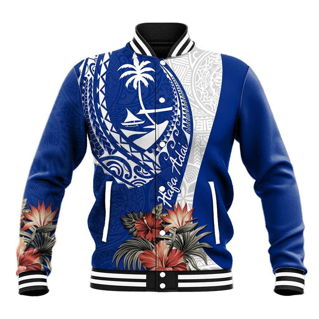 Blue Guam Hafa Adai Baseball Jacket Tropical Flowers with Polynesian Pattern