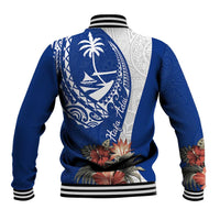 Blue Guam Hafa Adai Baseball Jacket Tropical Flowers with Polynesian Pattern