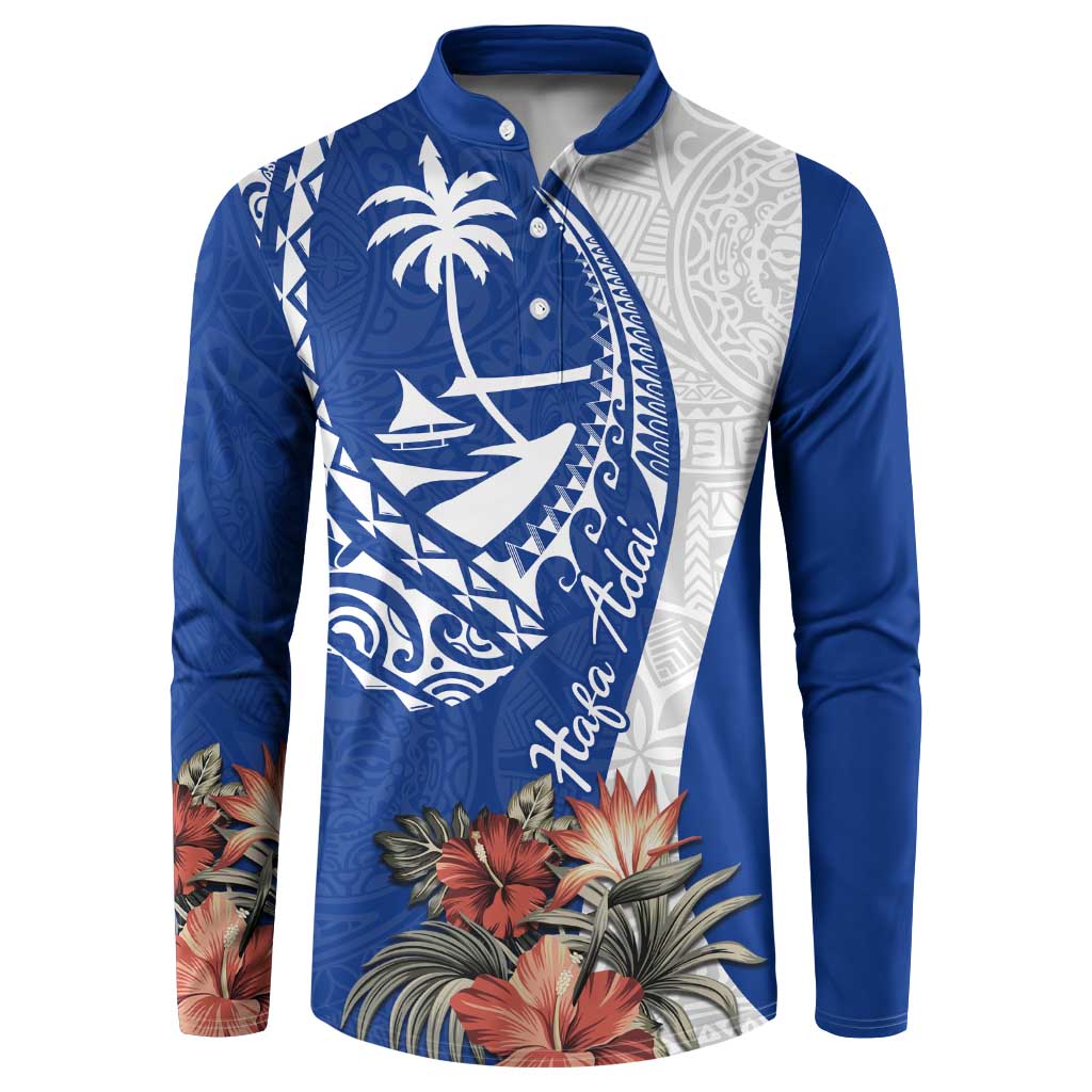 Blue Guam Hafa Adai Button Sweatshirt Tropical Flowers with Polynesian Pattern