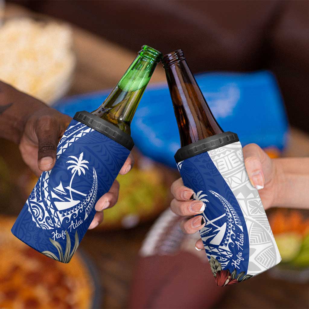 Blue Guam Hafa Adai 4 in 1 Can Cooler Tumbler Tropical Flowers with Polynesian Pattern