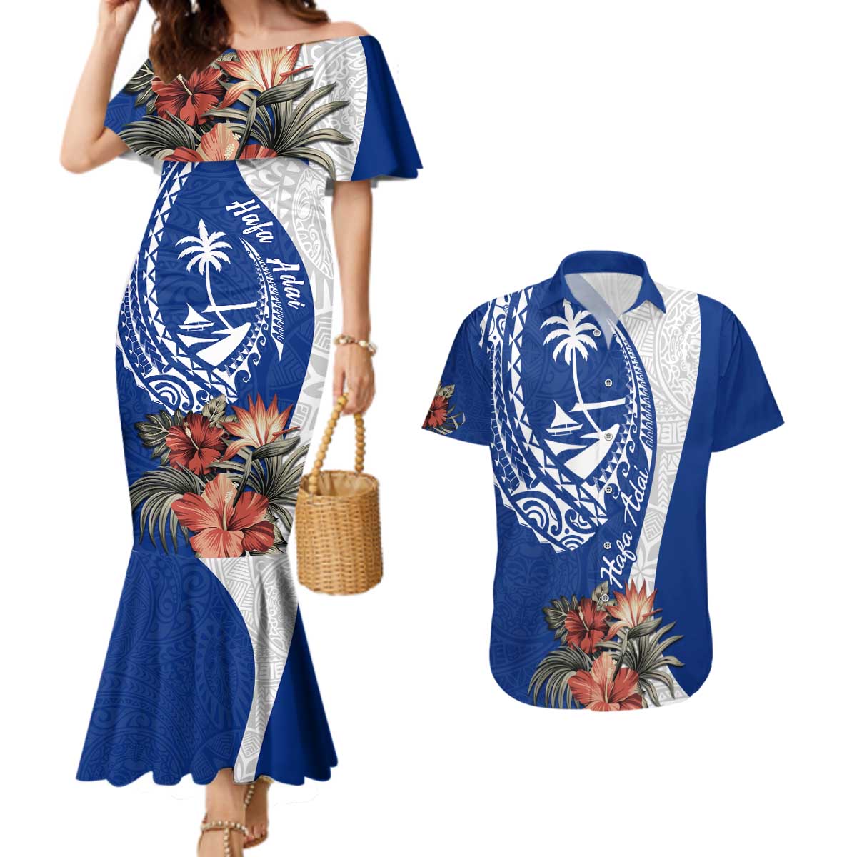 Blue Guam Hafa Adai Couples Matching Mermaid Dress and Hawaiian Shirt Tropical Flowers with Polynesian Pattern