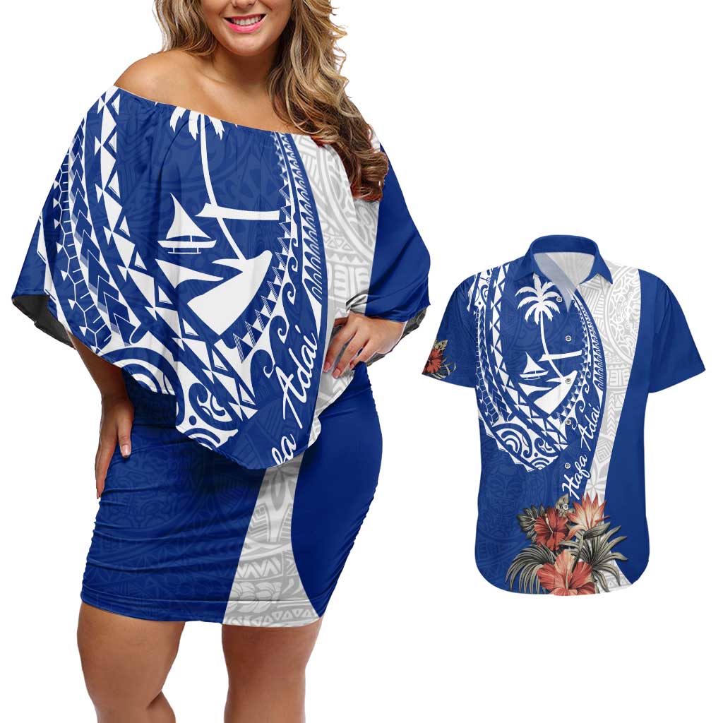 Blue Guam Hafa Adai Couples Matching Off Shoulder Short Dress and Hawaiian Shirt Tropical Flowers with Polynesian Pattern