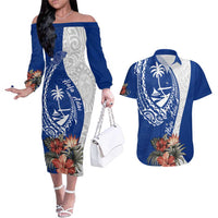 Blue Guam Hafa Adai Couples Matching Off The Shoulder Long Sleeve Dress and Hawaiian Shirt Tropical Flowers with Polynesian Pattern