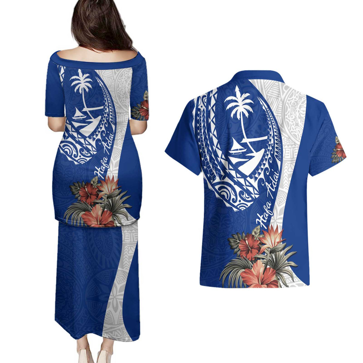 Blue Guam Hafa Adai Couples Matching Puletasi and Hawaiian Shirt Tropical Flowers with Polynesian Pattern