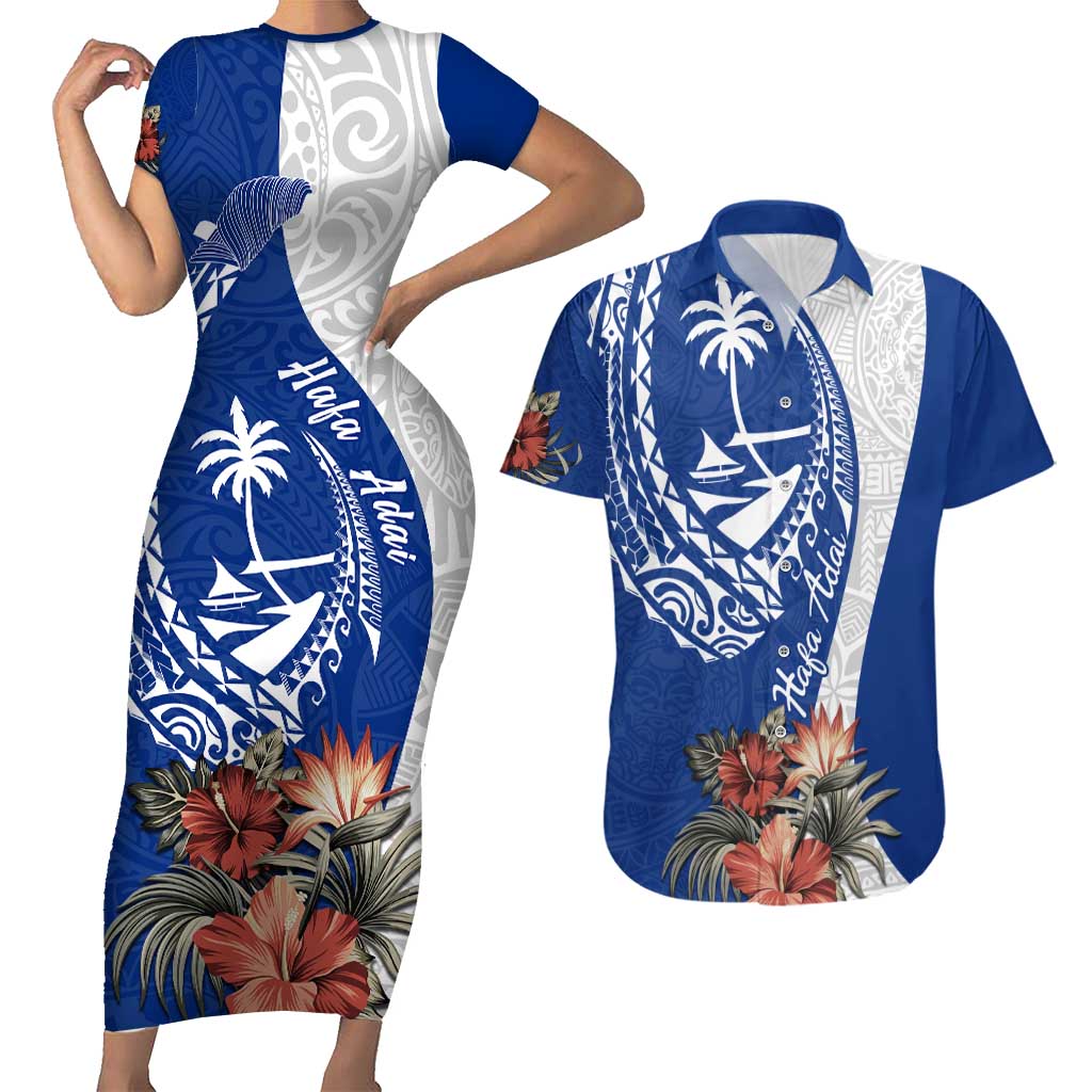 Blue Guam Hafa Adai Couples Matching Short Sleeve Bodycon Dress and Hawaiian Shirt Tropical Flowers with Polynesian Pattern