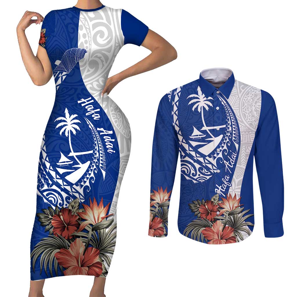 Blue Guam Hafa Adai Couples Matching Short Sleeve Bodycon Dress and Long Sleeve Button Shirt Tropical Flowers with Polynesian Pattern