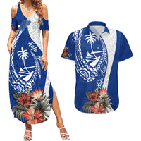 Blue Guam Hafa Adai Couples Matching Summer Maxi Dress and Hawaiian Shirt Tropical Flowers with Polynesian Pattern