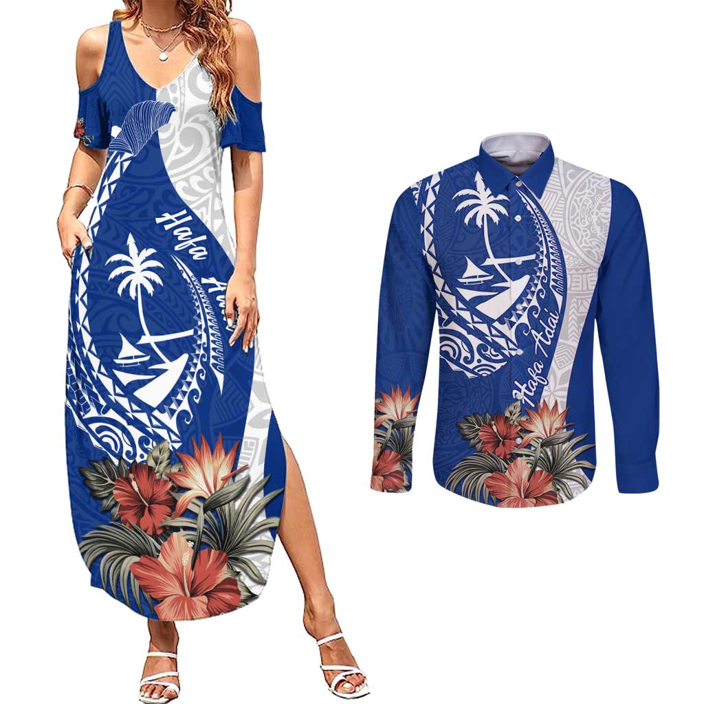 Blue Guam Hafa Adai Couples Matching Summer Maxi Dress and Long Sleeve Button Shirt Tropical Flowers with Polynesian Pattern