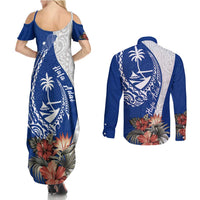 Blue Guam Hafa Adai Couples Matching Summer Maxi Dress and Long Sleeve Button Shirt Tropical Flowers with Polynesian Pattern