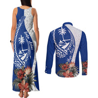 Blue Guam Hafa Adai Couples Matching Tank Maxi Dress and Long Sleeve Button Shirt Tropical Flowers with Polynesian Pattern