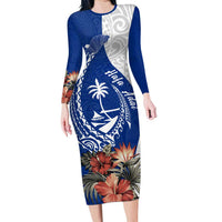 Blue Guam Hafa Adai Family Matching Long Sleeve Bodycon Dress and Hawaiian Shirt Tropical Flowers with Polynesian Pattern