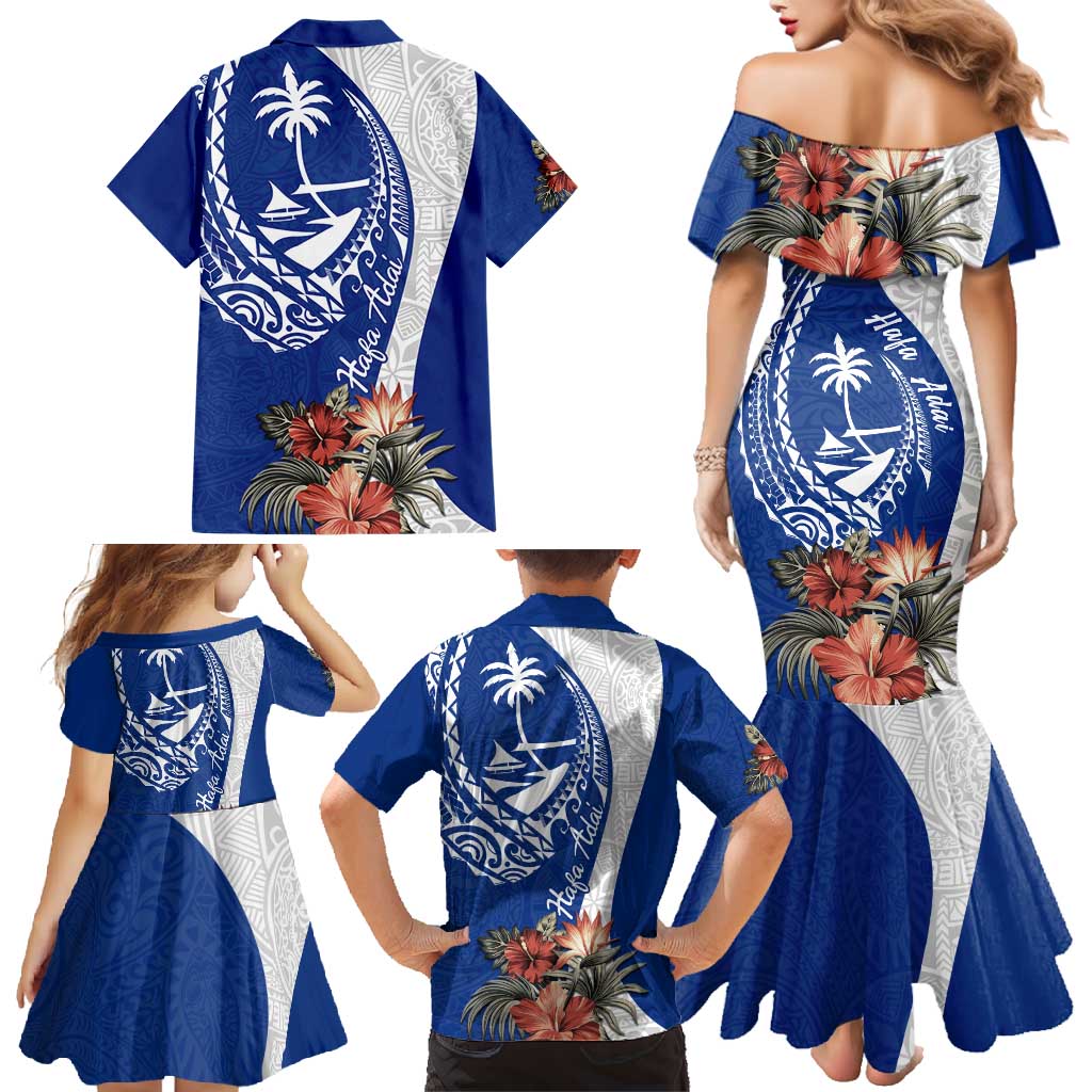 Blue Guam Hafa Adai Family Matching Mermaid Dress and Hawaiian Shirt Tropical Flowers with Polynesian Pattern