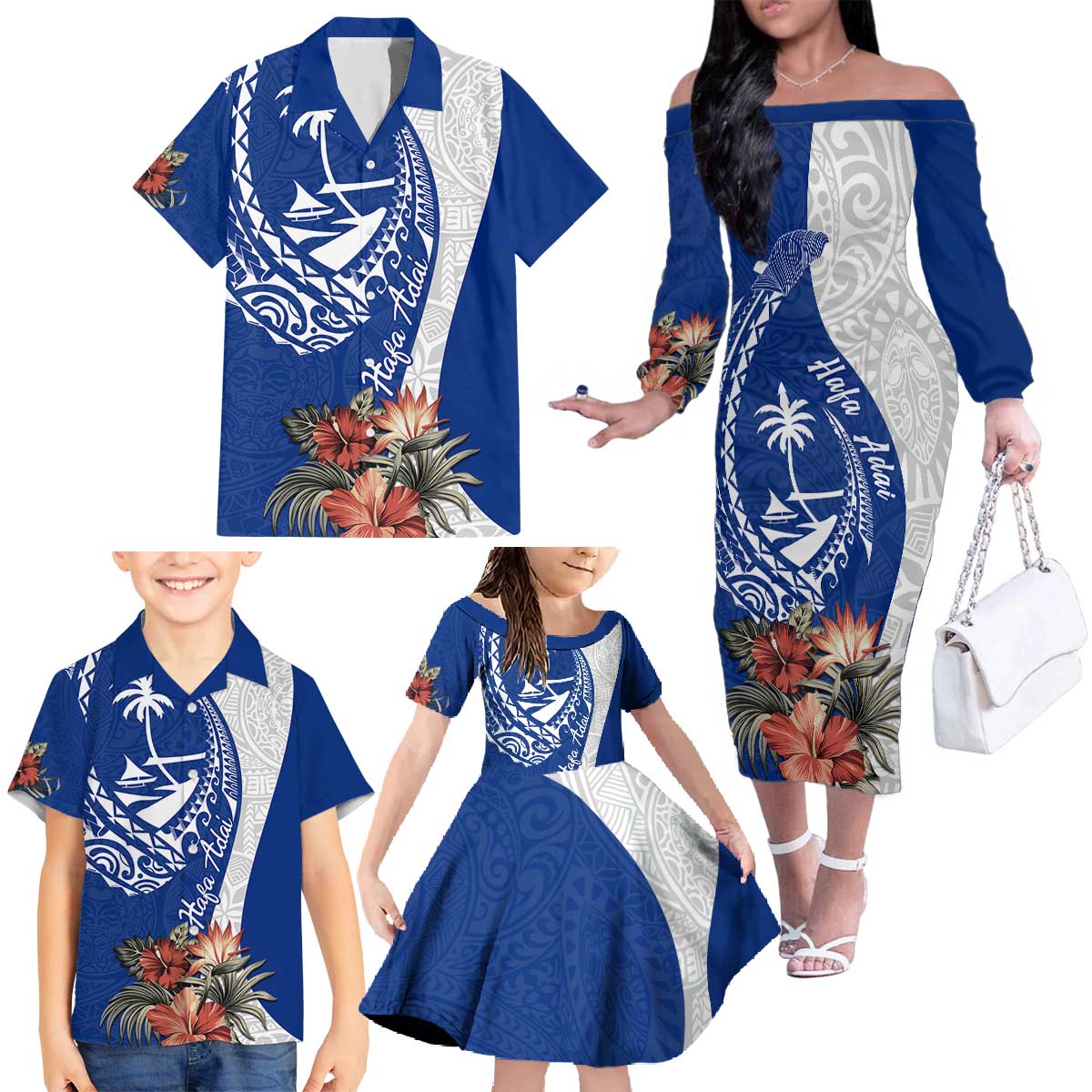 Blue Guam Hafa Adai Family Matching Off The Shoulder Long Sleeve Dress and Hawaiian Shirt Tropical Flowers with Polynesian Pattern