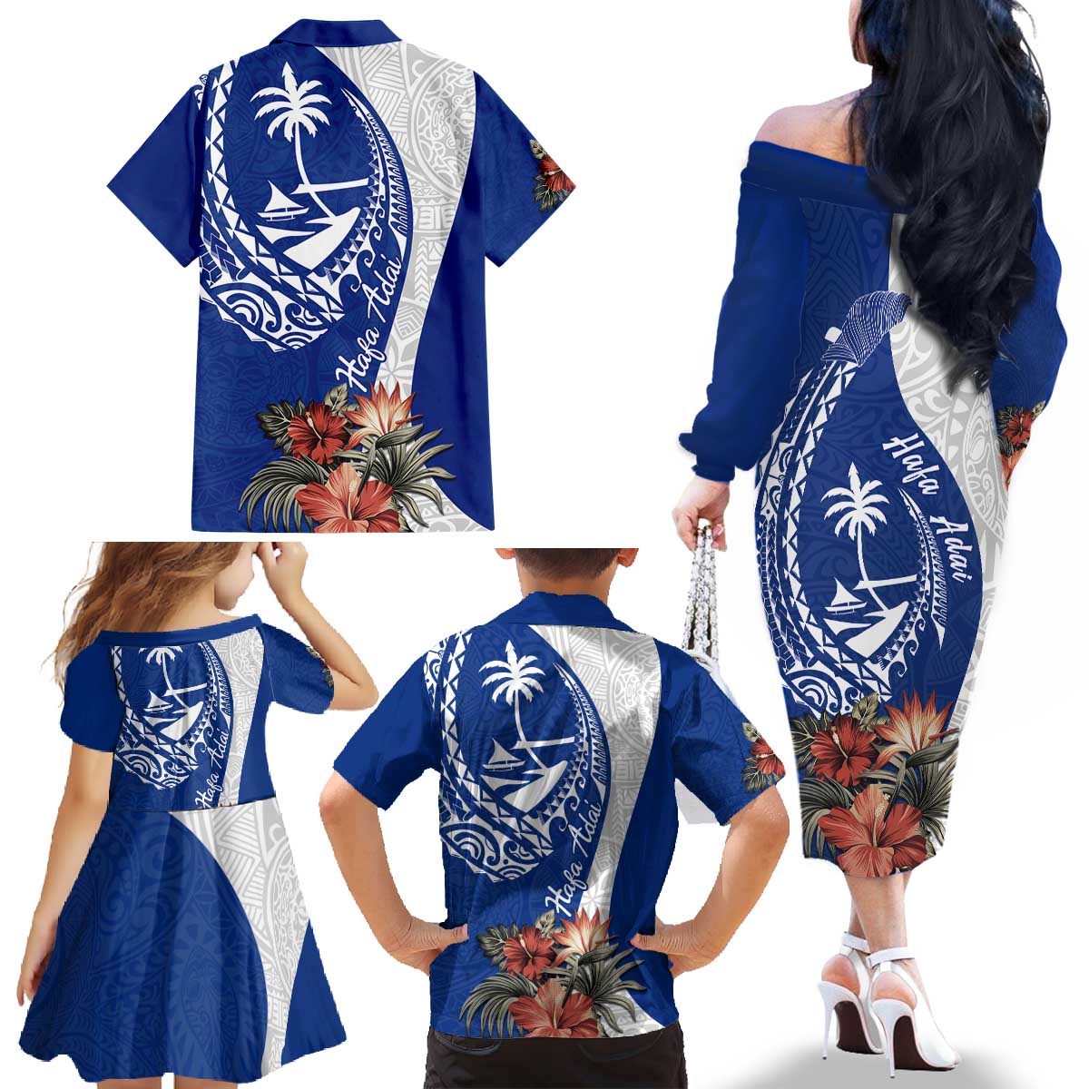 Blue Guam Hafa Adai Family Matching Off The Shoulder Long Sleeve Dress and Hawaiian Shirt Tropical Flowers with Polynesian Pattern