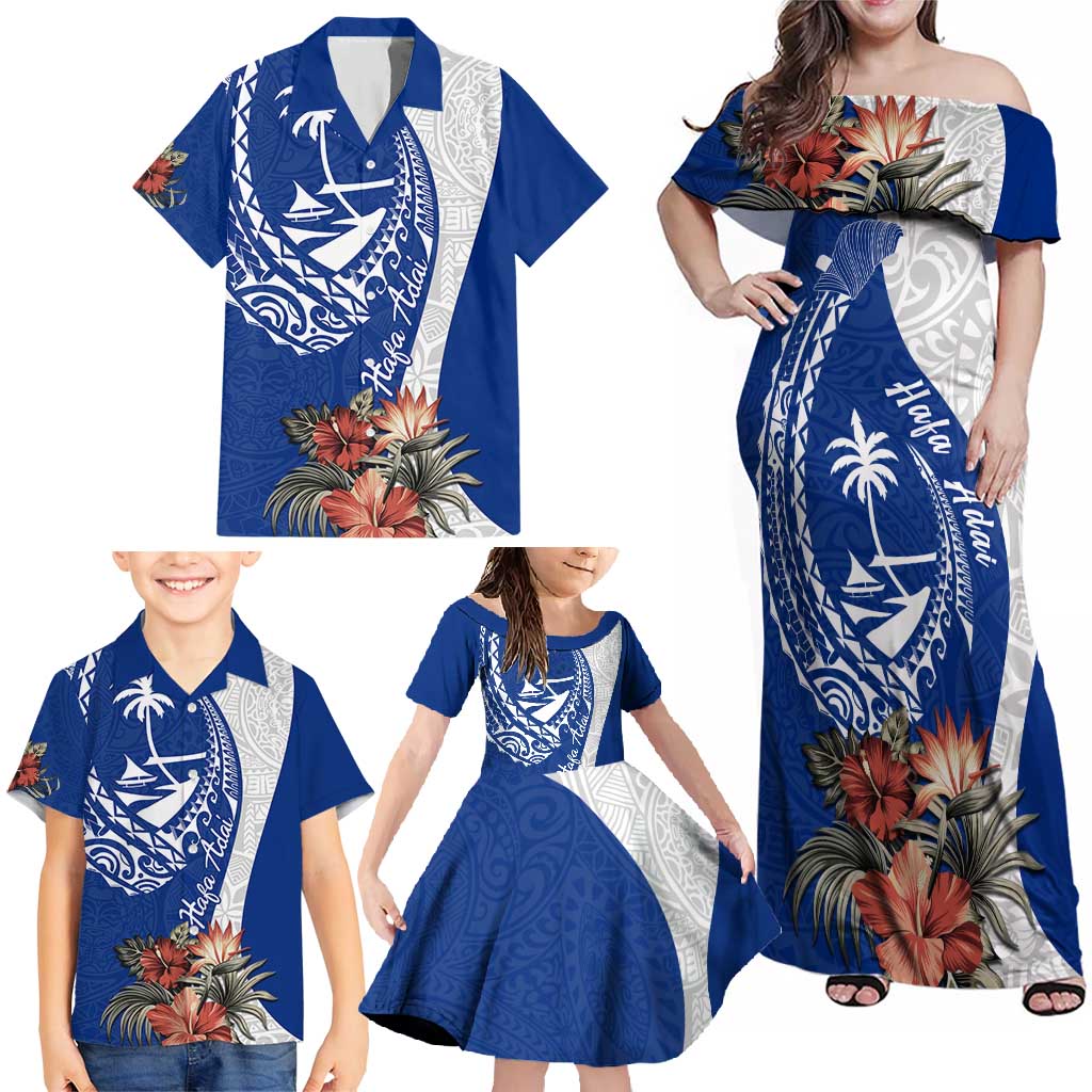 Blue Guam Hafa Adai Family Matching Off Shoulder Maxi Dress and Hawaiian Shirt Tropical Flowers with Polynesian Pattern