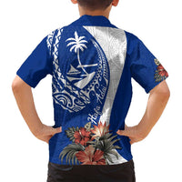 Blue Guam Hafa Adai Family Matching Off Shoulder Short Dress and Hawaiian Shirt Tropical Flowers with Polynesian Pattern