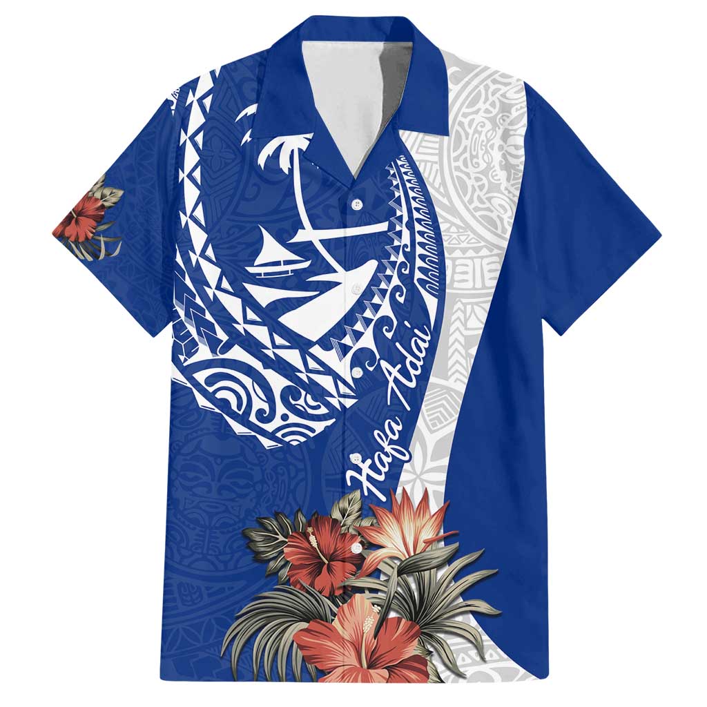Blue Guam Hafa Adai Family Matching Off Shoulder Short Dress and Hawaiian Shirt Tropical Flowers with Polynesian Pattern