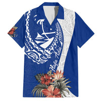 Blue Guam Hafa Adai Family Matching Off Shoulder Short Dress and Hawaiian Shirt Tropical Flowers with Polynesian Pattern