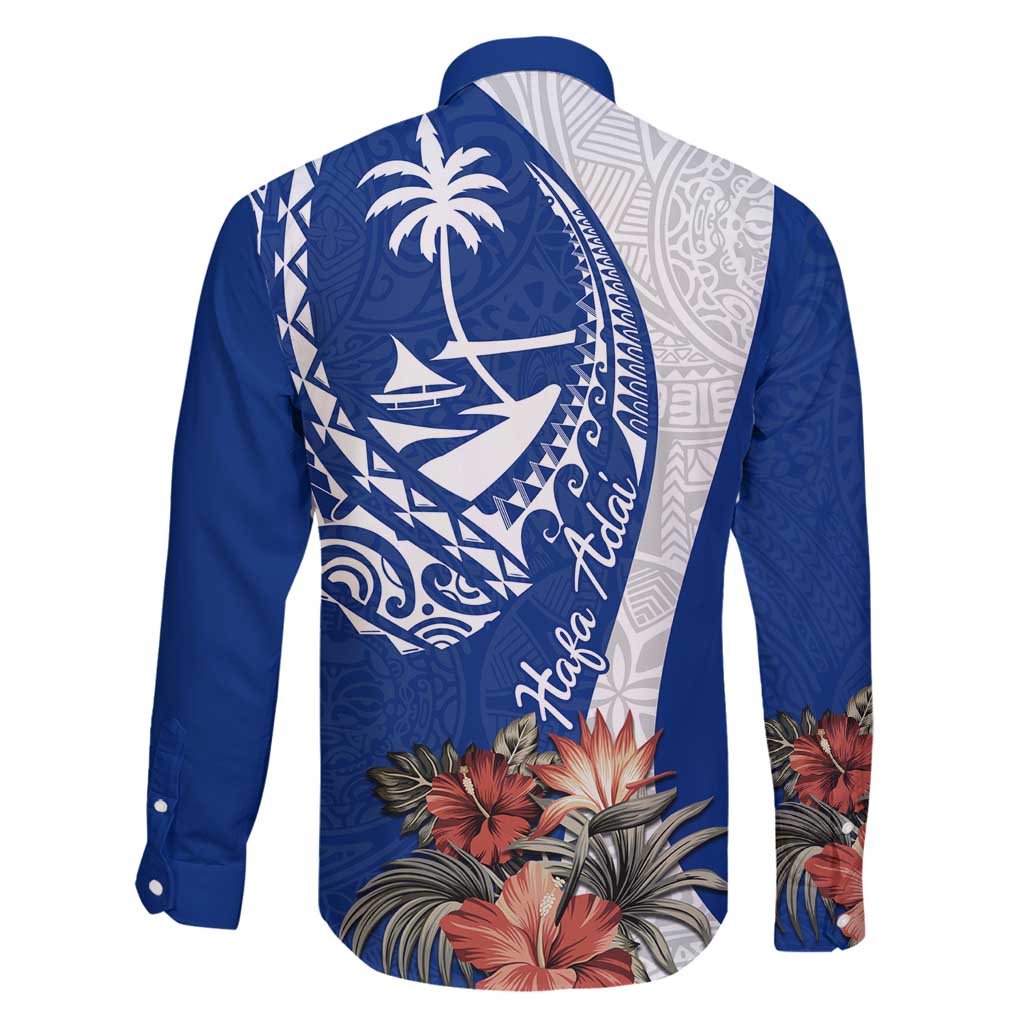 Blue Guam Hafa Adai Family Matching Off Shoulder Short Dress and Hawaiian Shirt Tropical Flowers with Polynesian Pattern