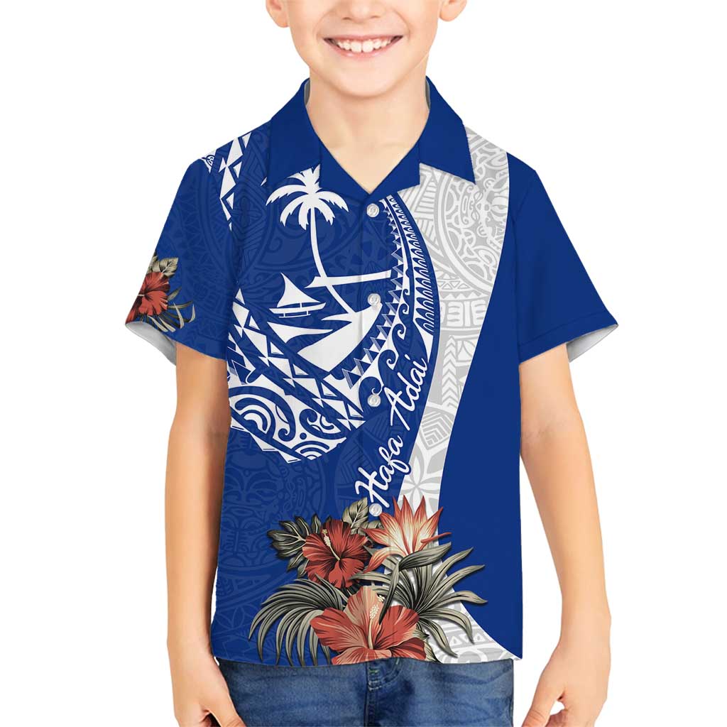 Blue Guam Hafa Adai Family Matching Off Shoulder Short Dress and Hawaiian Shirt Tropical Flowers with Polynesian Pattern