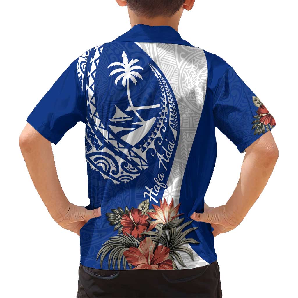 Blue Guam Hafa Adai Family Matching Puletasi and Hawaiian Shirt Tropical Flowers with Polynesian Pattern