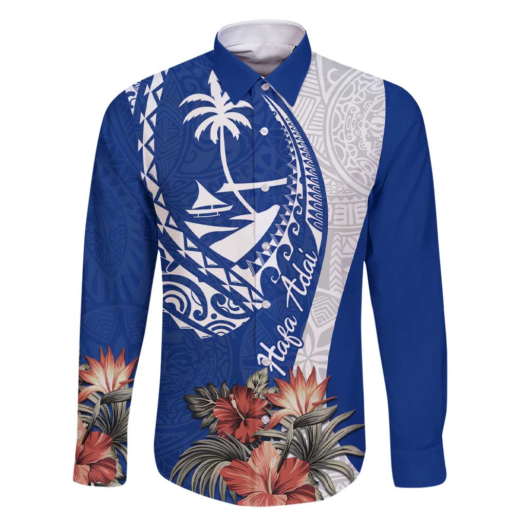 Blue Guam Hafa Adai Family Matching Short Sleeve Bodycon Dress and Hawaiian Shirt Tropical Flowers with Polynesian Pattern