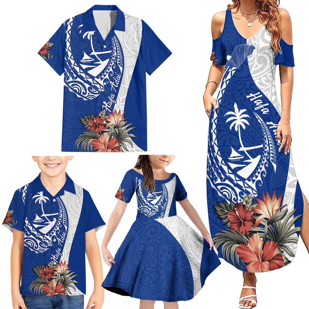 Blue Guam Hafa Adai Family Matching Summer Maxi Dress and Hawaiian Shirt Tropical Flowers with Polynesian Pattern