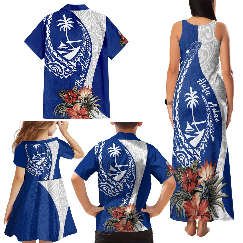 Blue Guam Hafa Adai Family Matching Tank Maxi Dress and Hawaiian Shirt Tropical Flowers with Polynesian Pattern