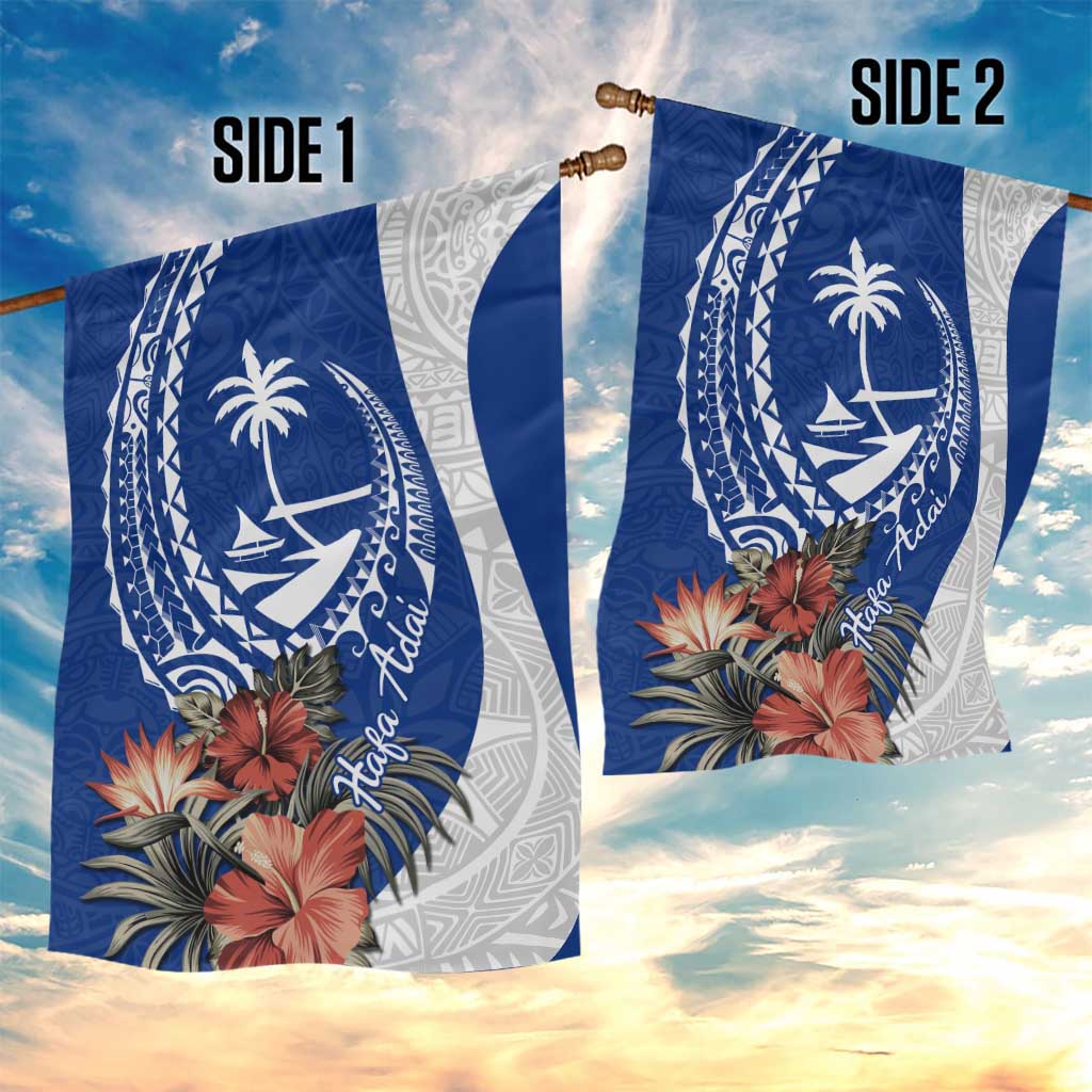 Blue Guam Hafa Adai Garden Flag Tropical Flowers with Polynesian Pattern
