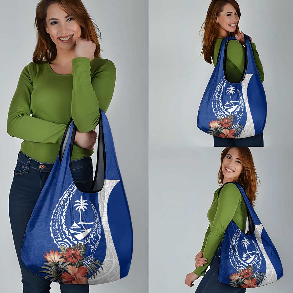 Blue Guam Hafa Adai Grocery Bag Tropical Flowers with Polynesian Pattern