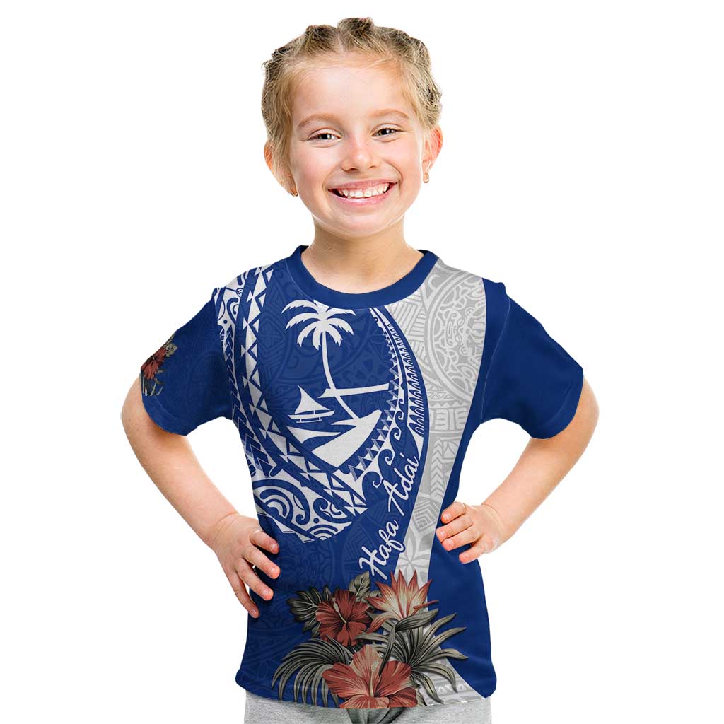 Blue Guam Hafa Adai Kid T Shirt Tropical Flowers with Polynesian Pattern