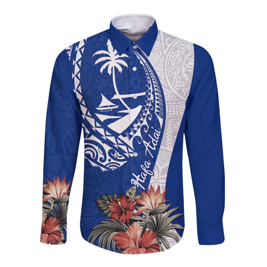 Blue Guam Hafa Adai Long Sleeve Button Shirt Tropical Flowers with Polynesian Pattern