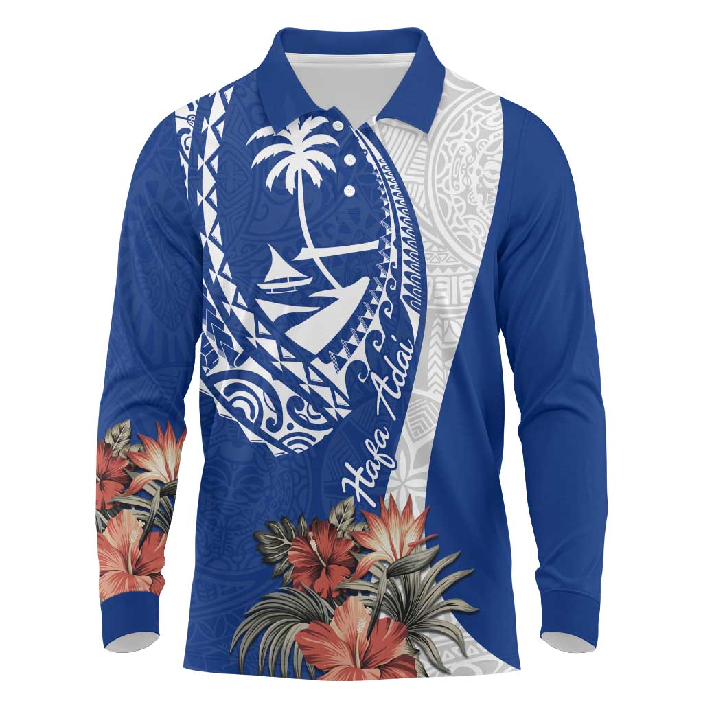 Blue Guam Hafa Adai Long Sleeve Polo Shirt Tropical Flowers with Polynesian Pattern