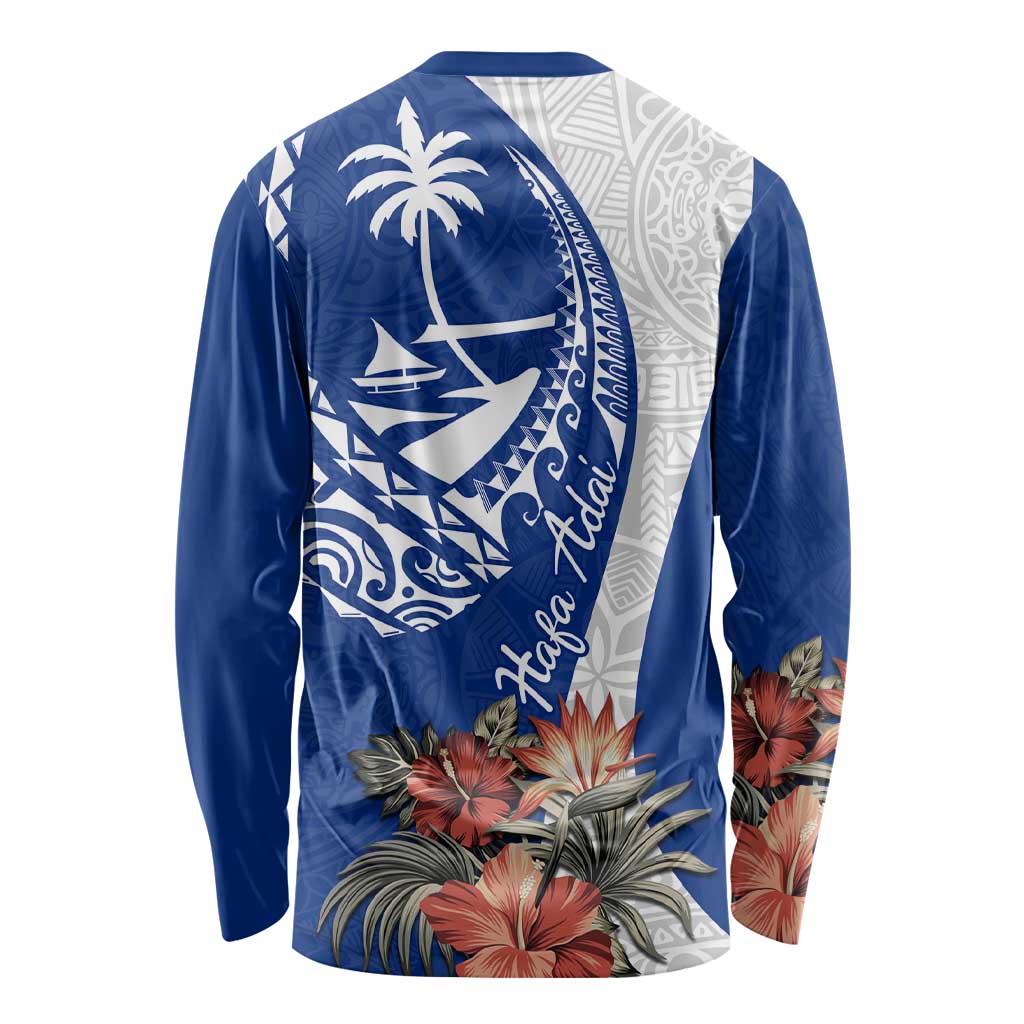 Blue Guam Hafa Adai Long Sleeve Shirt Tropical Flowers with Polynesian Pattern
