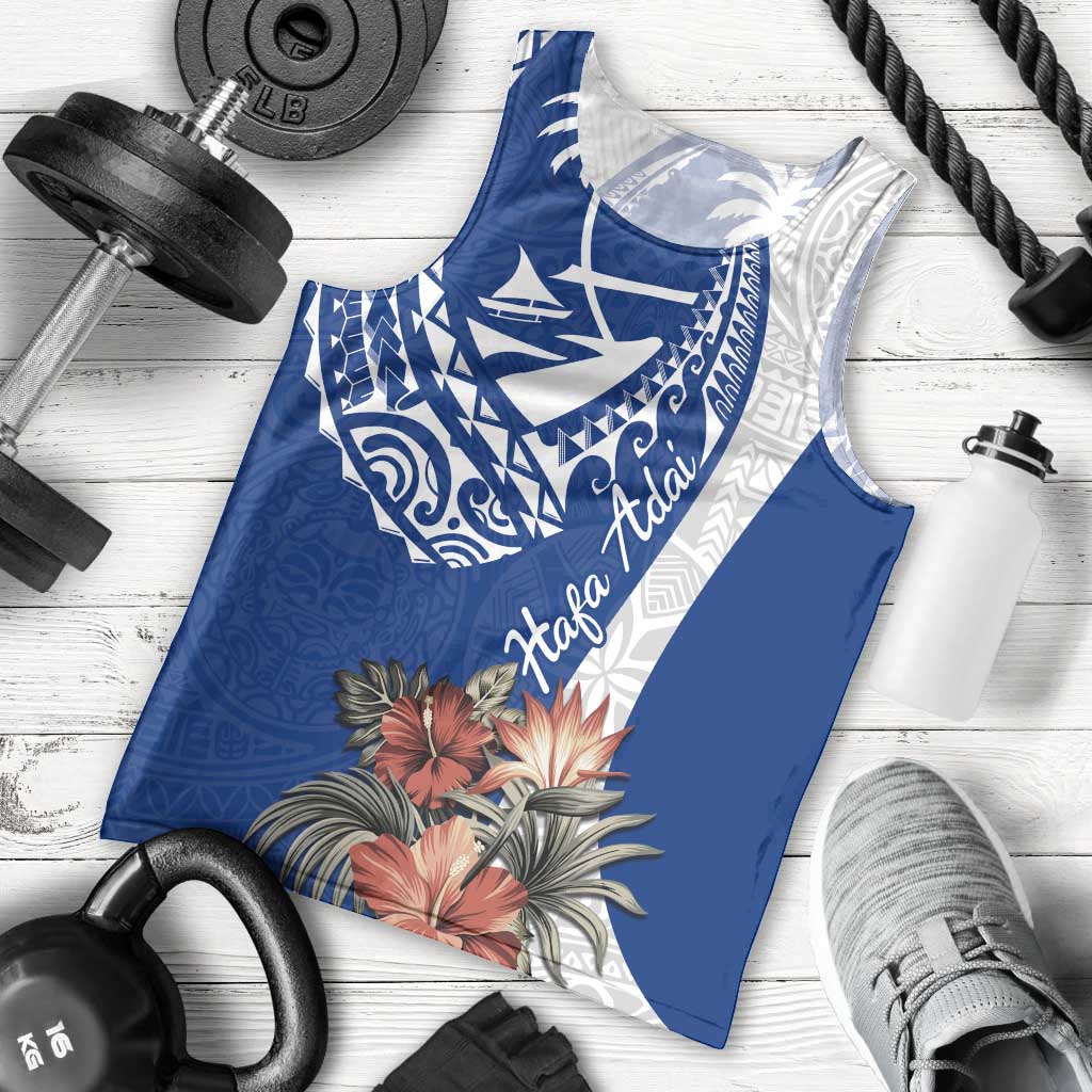 Blue Guam Hafa Adai Men Tank Top Tropical Flowers with Polynesian Pattern