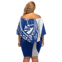 Blue Guam Hafa Adai Off Shoulder Short Dress Tropical Flowers with Polynesian Pattern