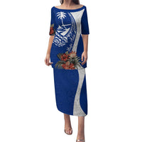 Blue Guam Hafa Adai Puletasi Tropical Flowers with Polynesian Pattern