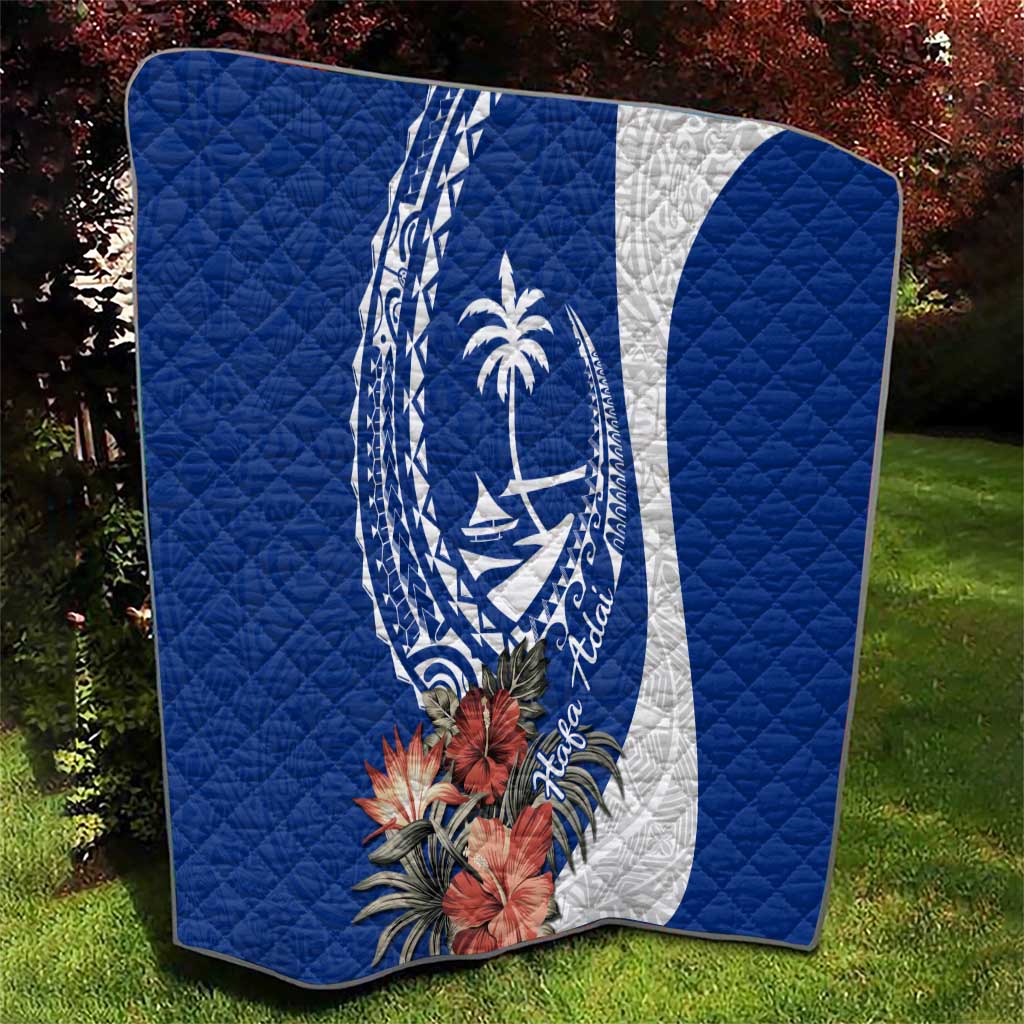 Blue Guam Hafa Adai Quilt Tropical Flowers with Polynesian Pattern
