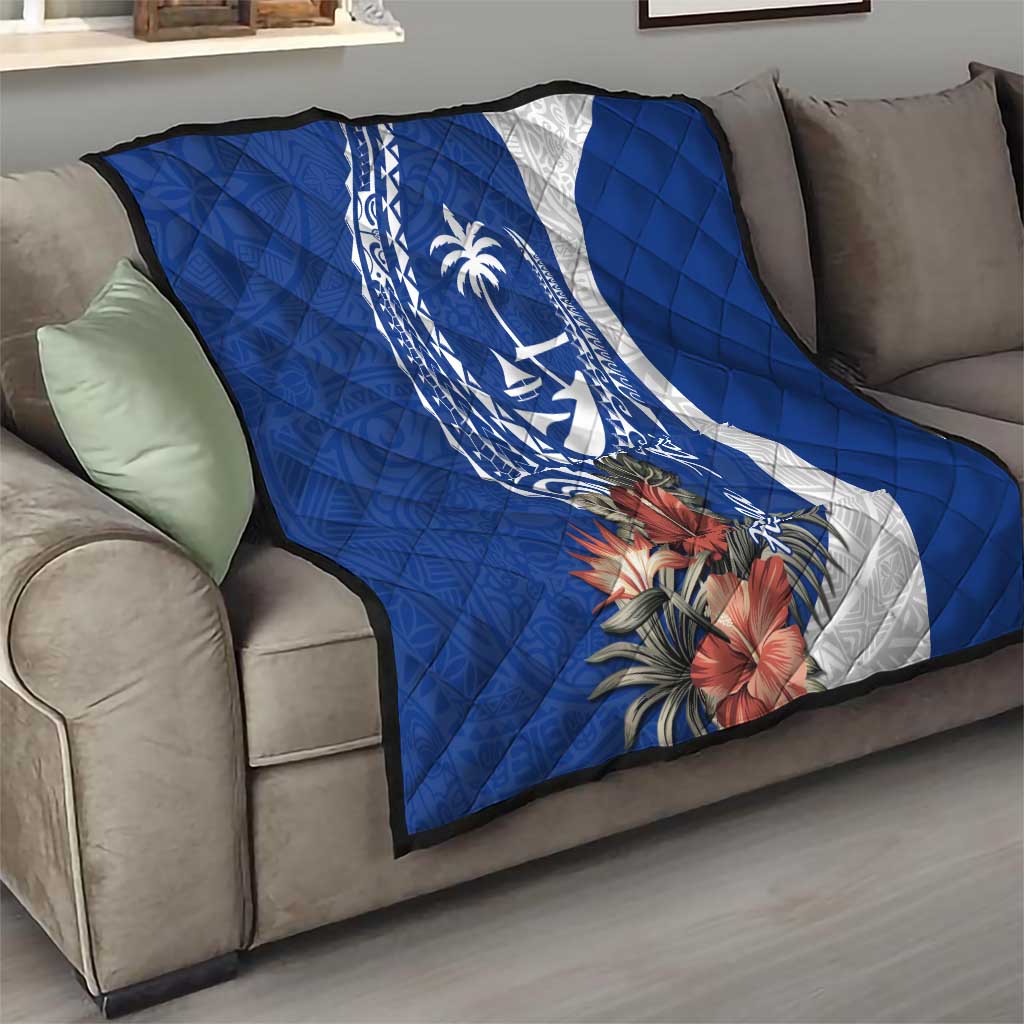 Blue Guam Hafa Adai Quilt Tropical Flowers with Polynesian Pattern