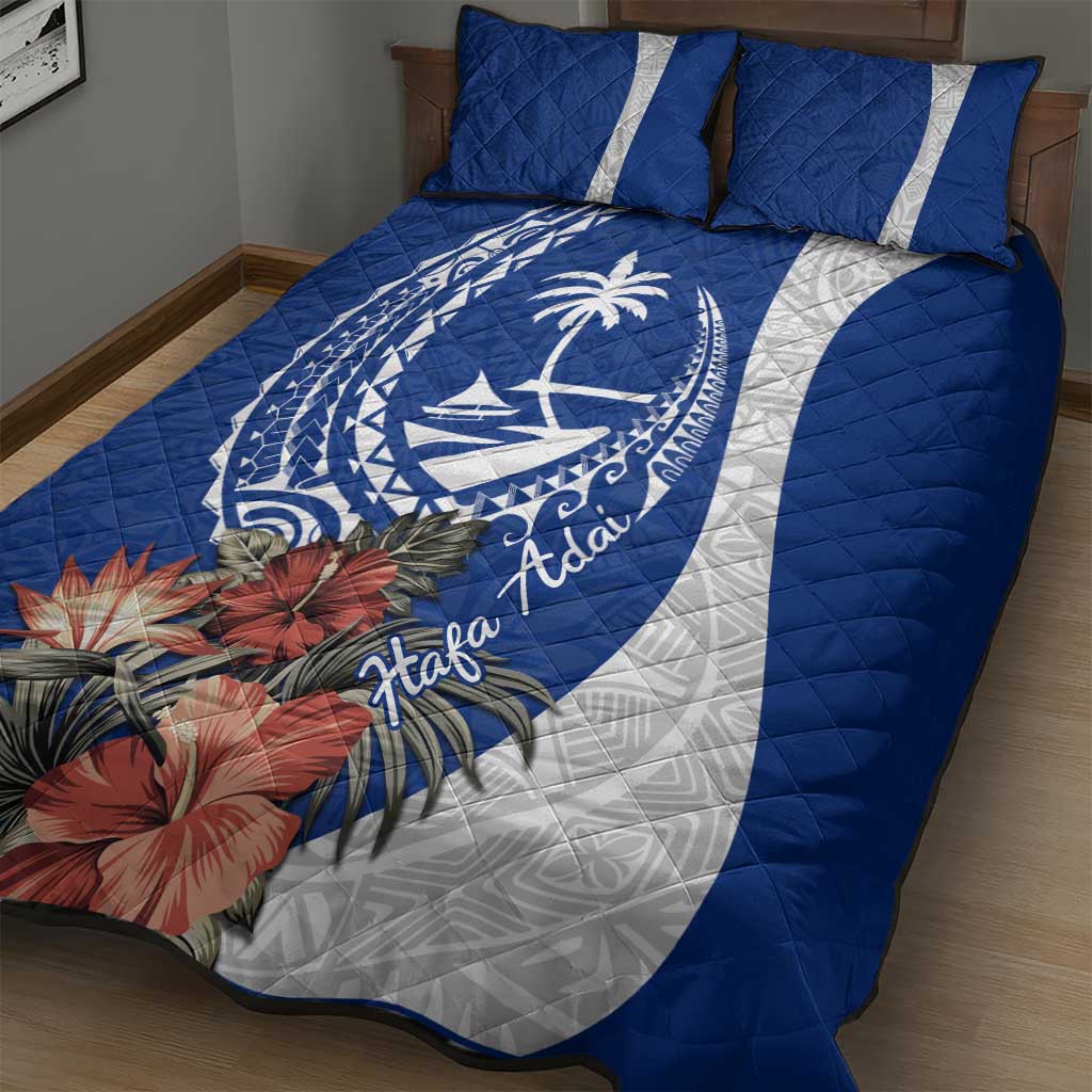 Blue Guam Hafa Adai Quilt Bed Set Tropical Flowers with Polynesian Pattern