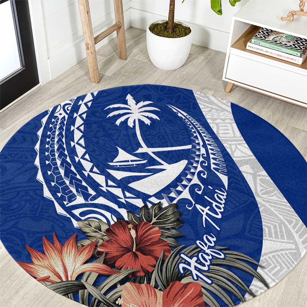 Blue Guam Hafa Adai Round Carpet Tropical Flowers with Polynesian Pattern