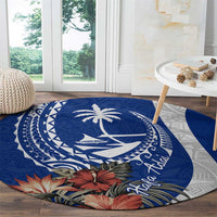 Blue Guam Hafa Adai Round Carpet Tropical Flowers with Polynesian Pattern