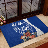 Blue Guam Hafa Adai Rubber Doormat Tropical Flowers with Polynesian Pattern