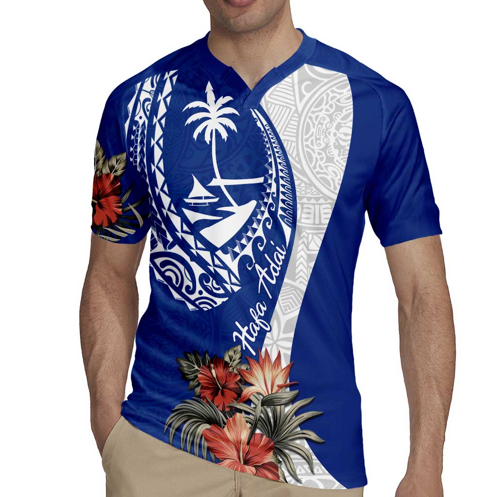 Blue Guam Hafa Adai Rugby Jersey Tropical Flowers with Polynesian Pattern