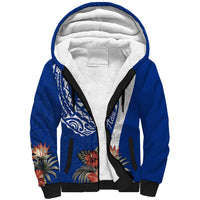 Blue Guam Hafa Adai Sherpa Hoodie Tropical Flowers with Polynesian Pattern