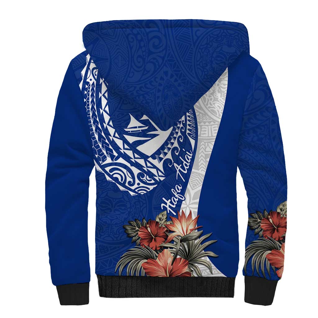 Blue Guam Hafa Adai Sherpa Hoodie Tropical Flowers with Polynesian Pattern