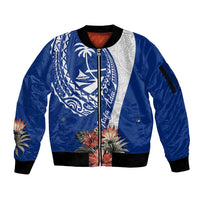 Blue Guam Hafa Adai Sleeve Zip Bomber Jacket Tropical Flowers with Polynesian Pattern