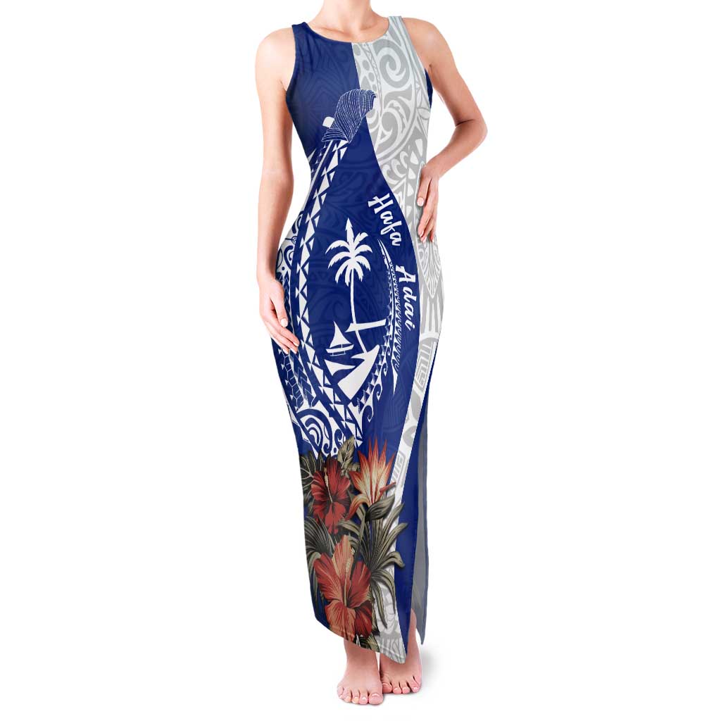 Blue Guam Hafa Adai Tank Maxi Dress Tropical Flowers with Polynesian Pattern