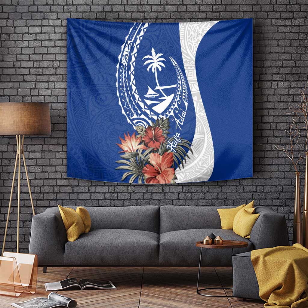 Blue Guam Hafa Adai Tapestry Tropical Flowers with Polynesian Pattern